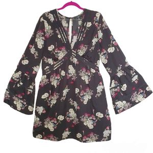 Missguided ASOS NWT Curve Size 12 Floral Print Kimono Sleeve Skater Dress Bla…